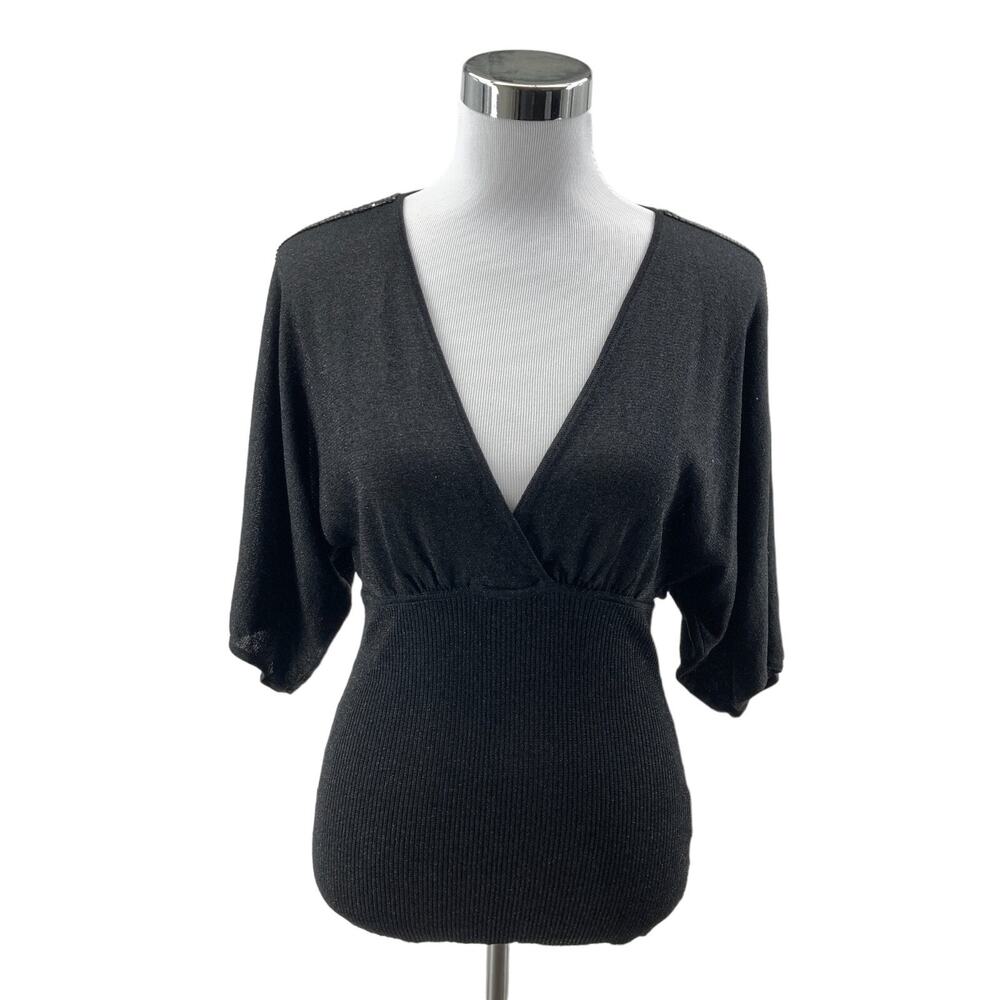 Belldini Kimono Top Womens Small Black Metallic Soft Fitted Sequin Surplice Neck